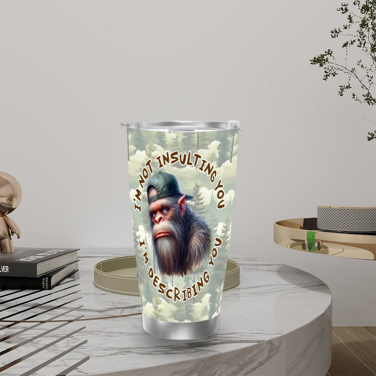 Sasquatch "Describing You", Themed 40 oz Travel Coffee Mug with a Straw