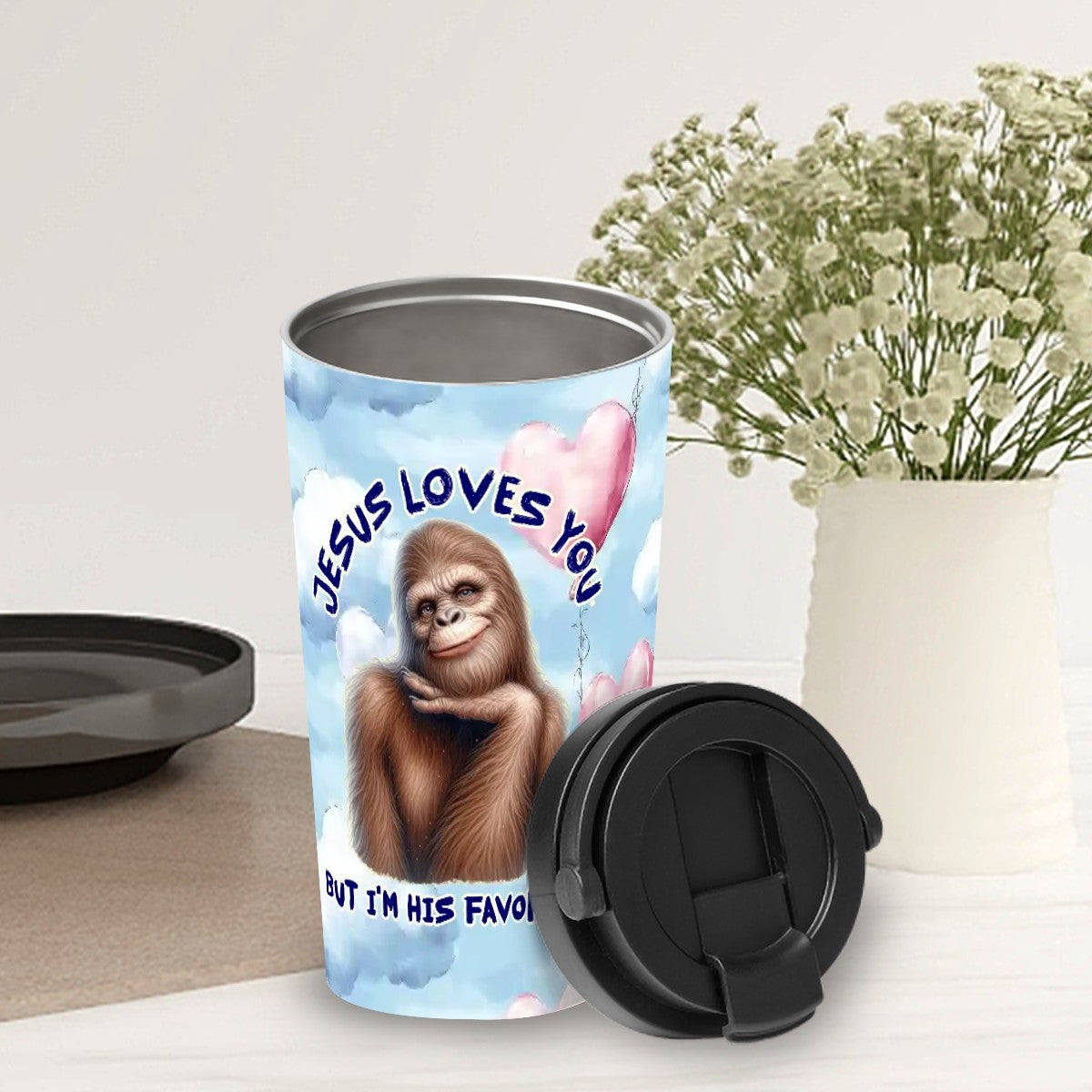 Bigfoot / Sasquatch "Jesus loves you..", 17 oz Insulated Coffee Mug with Lid & Carrying Handle