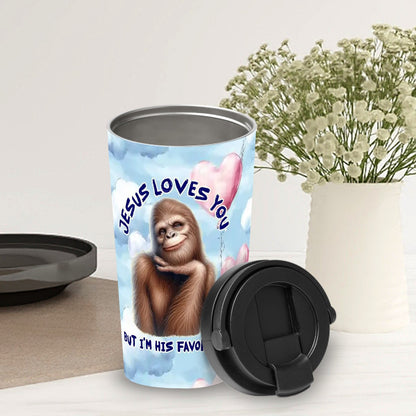 Bigfoot / Sasquatch "Jesus loves you..", 17 oz Insulated Coffee Mug with Lid & Carrying Handle