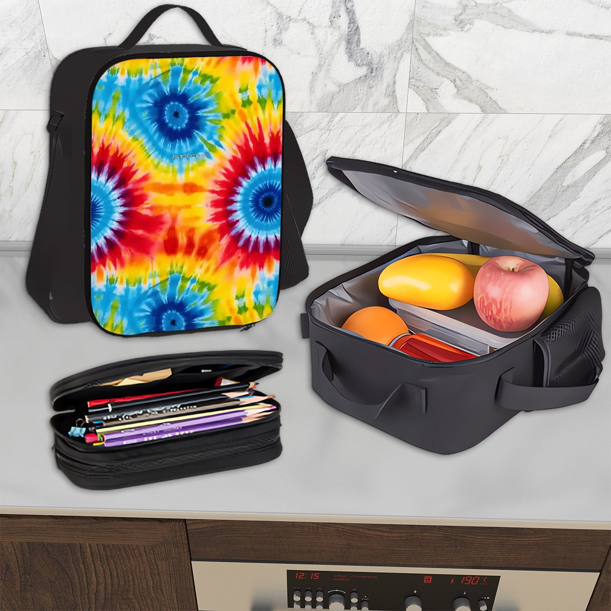 19 Tie Dye Designs, 3 Piece Bag Set – Oxford Backpack, Lunch Bag, Pencil Pouch