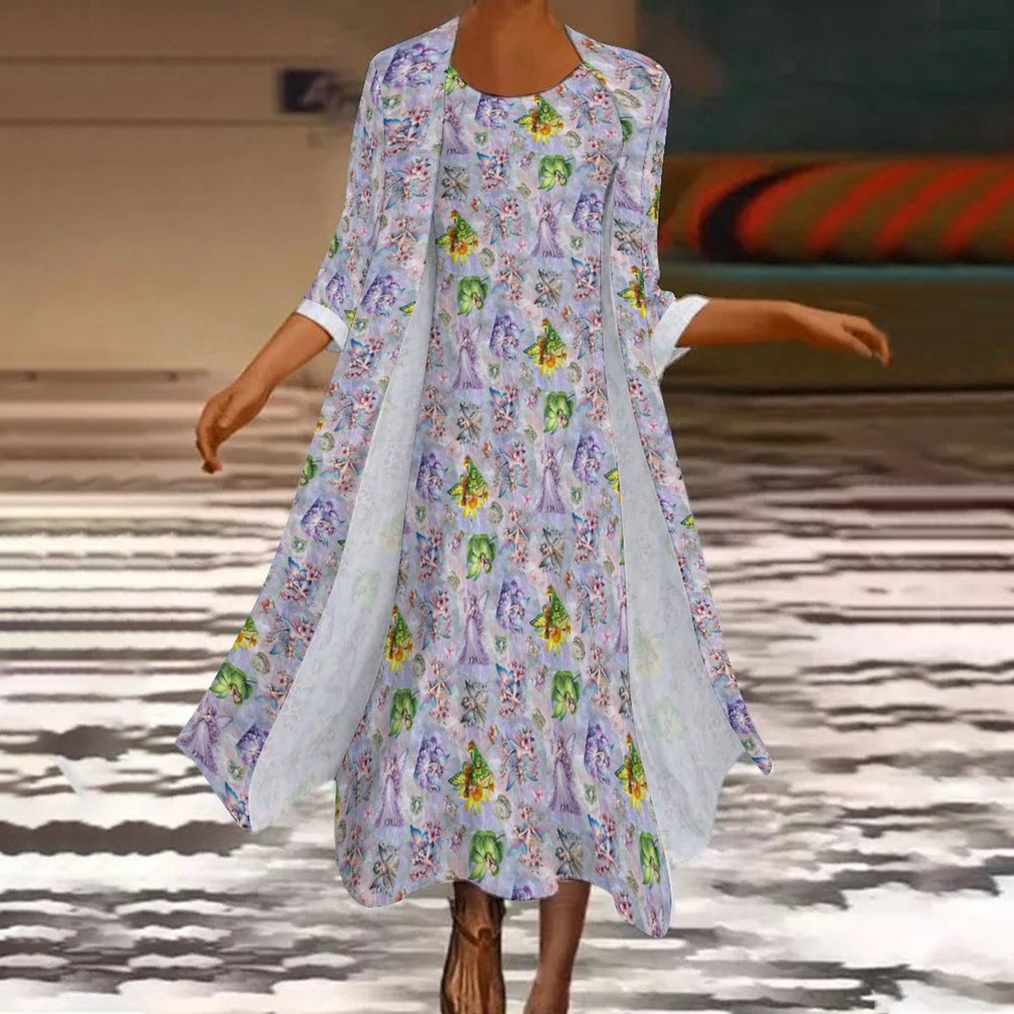 2 Piece Long Dress / Cardigan Set - Fairies