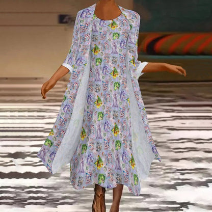 2 Piece Long Dress / Cardigan Set - Fairies