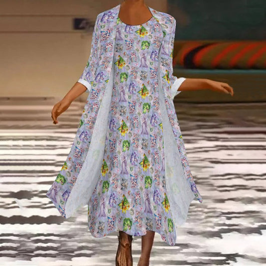 2 Piece Long Dress / Cardigan Set - Fairies