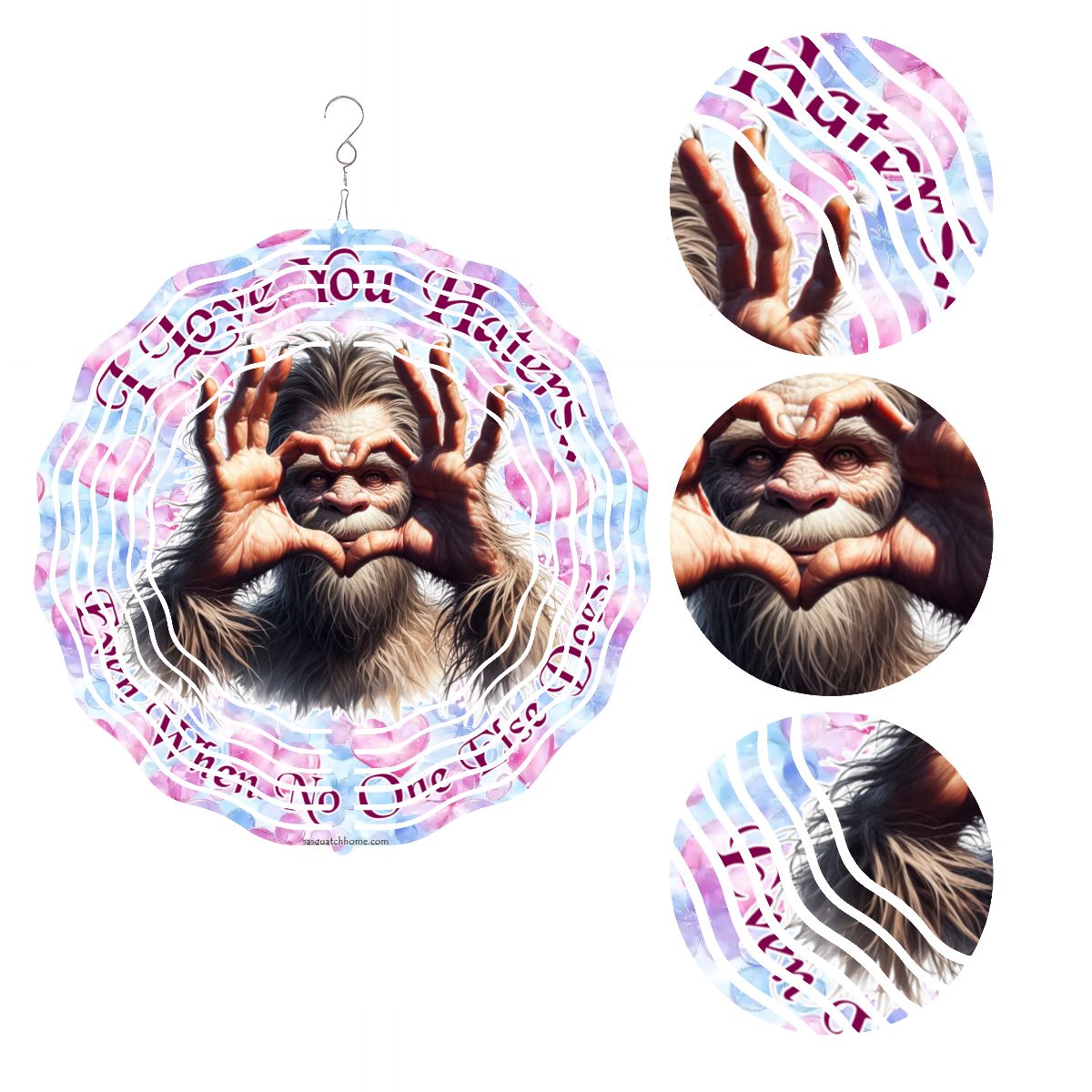 Bigfoot Sasquatch "I love you..", US Made Hanging Metal 3D Wind Spinner, Ornament