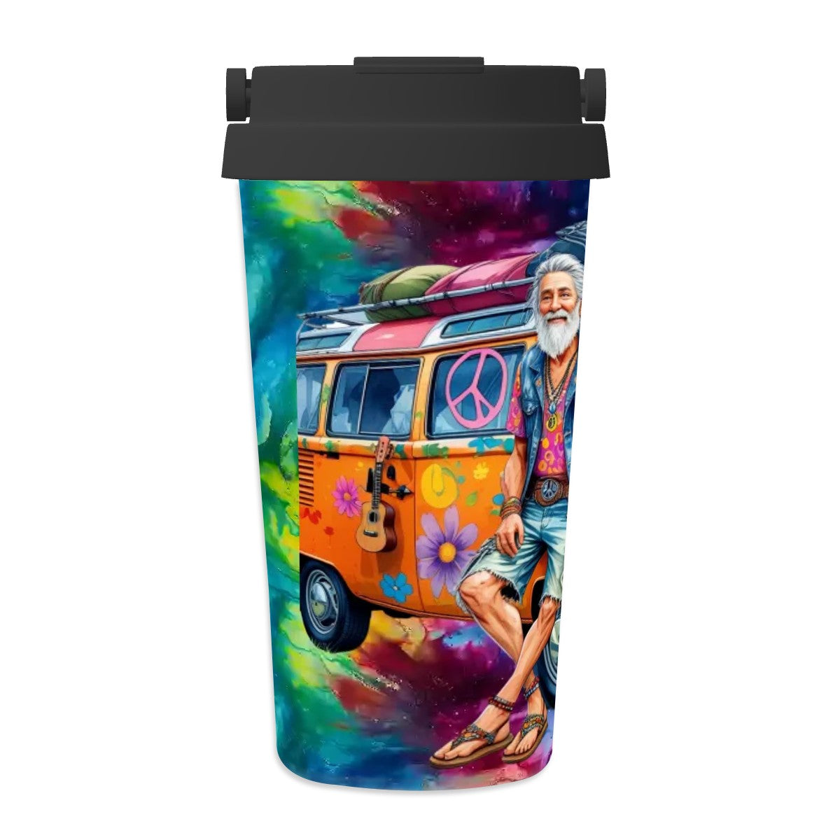 Old Hippie Couple, 17 oz Insulated Coffee Mug with Lid & Carrying Handle