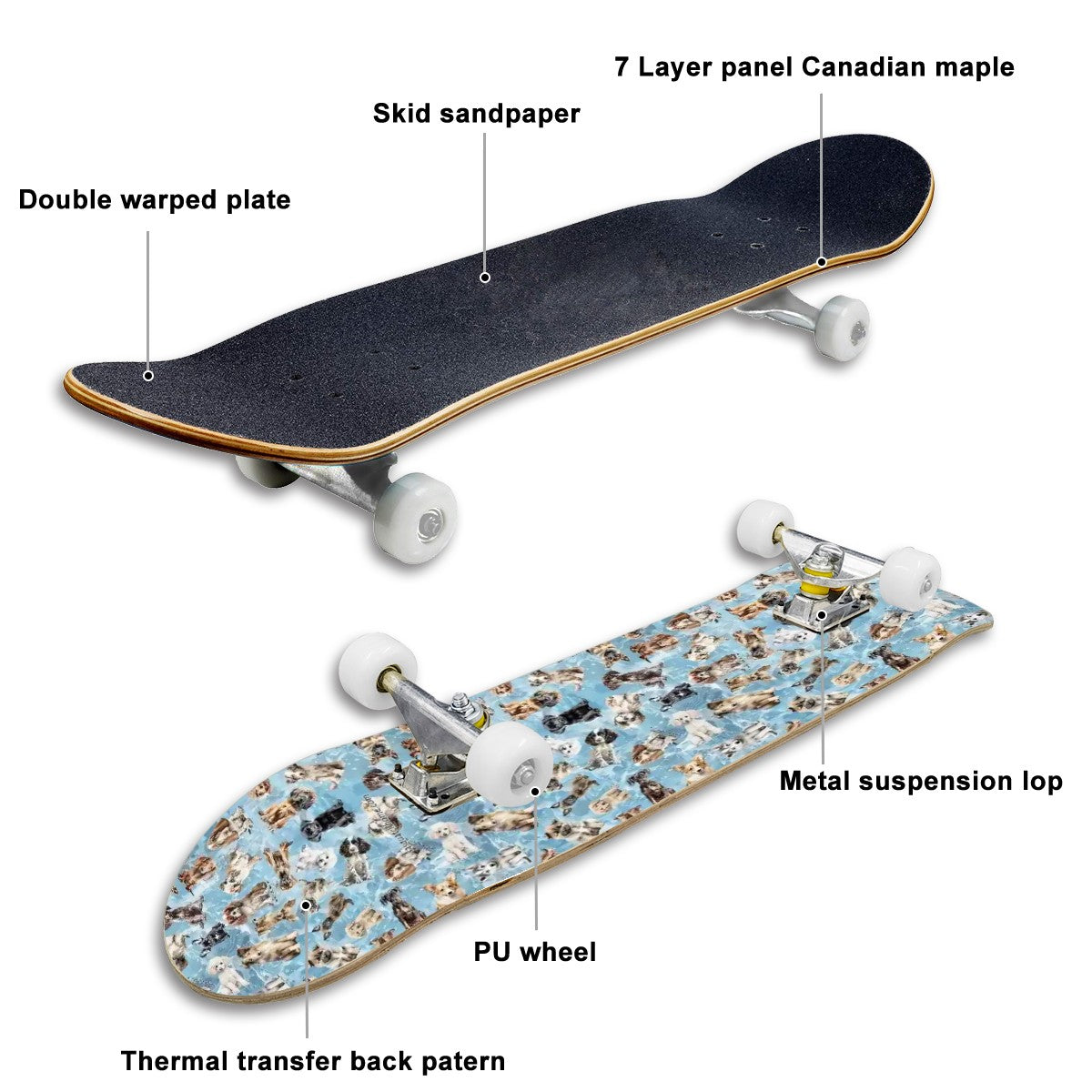 10 Animal Designs, High Density 7 Layer Skateboard, Made In USA