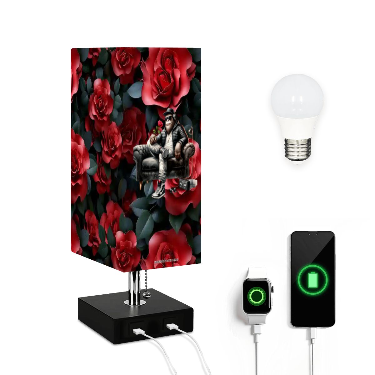 Bigfoot / Sasquatch Roses, Square Table Lamp with USB Ports, Charger