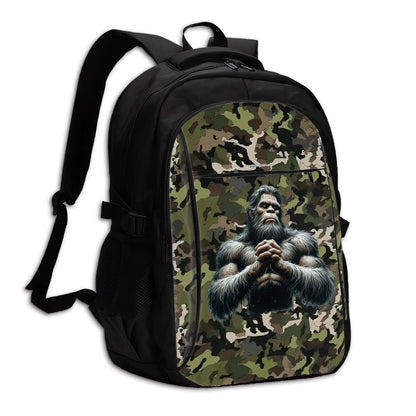 Bigfoot / Sasquatch on Camo, Large Capacity, Oxford Travel, Laptop Bag with USB Charger