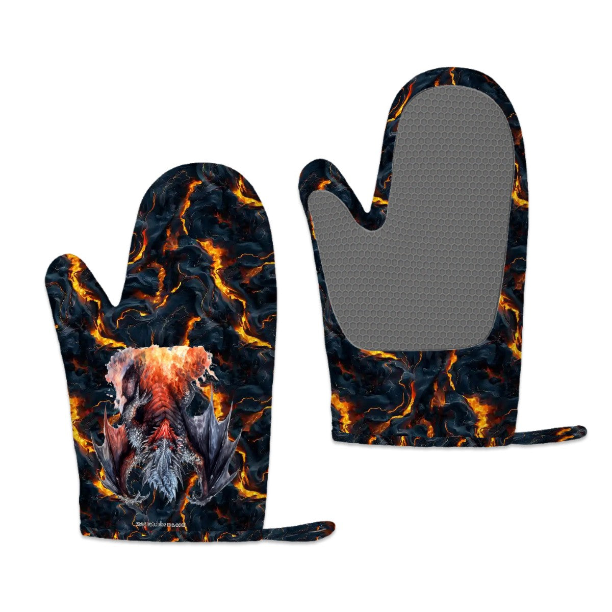 Set of 2 Silicone Heat Resistant Oven Mitts - Dragon on Lava