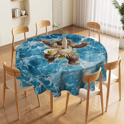 Sasquatch Hula On the Beach Round Tablecloth on Round Table