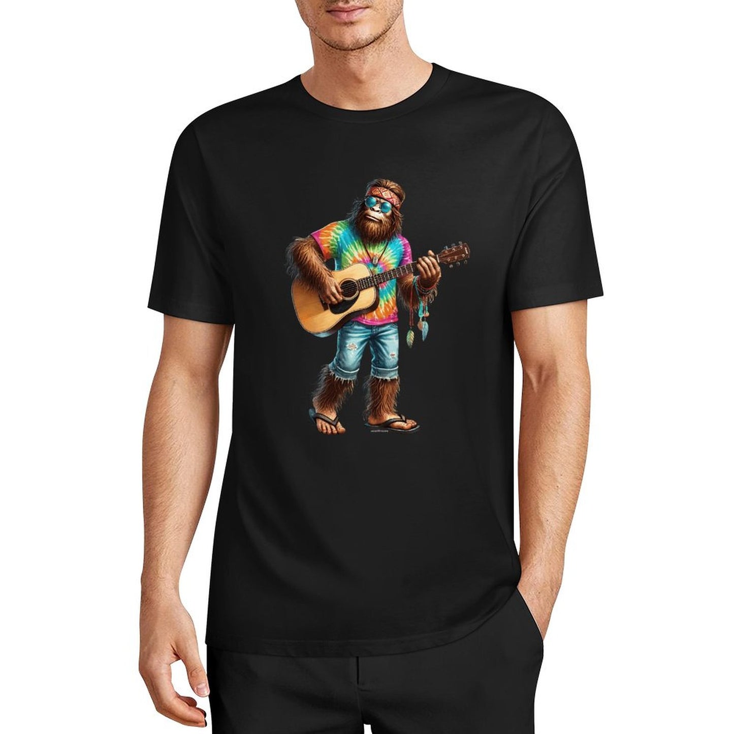 Bigfoot - Sasquatch Hippie Play Guitar Short Sleeve Cotton T-Shirt