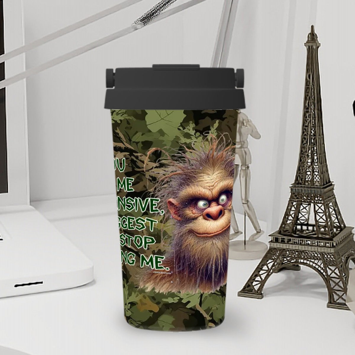 Bigfoot / Sasquatch "If you find me..", 17 oz Insulated Coffee Mug with Lid & Carrying Handle