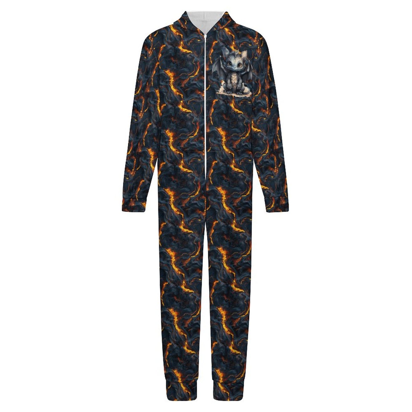 Dragon on Lava, Youth Flannel Footless Zip up Pajama Jumpsuit