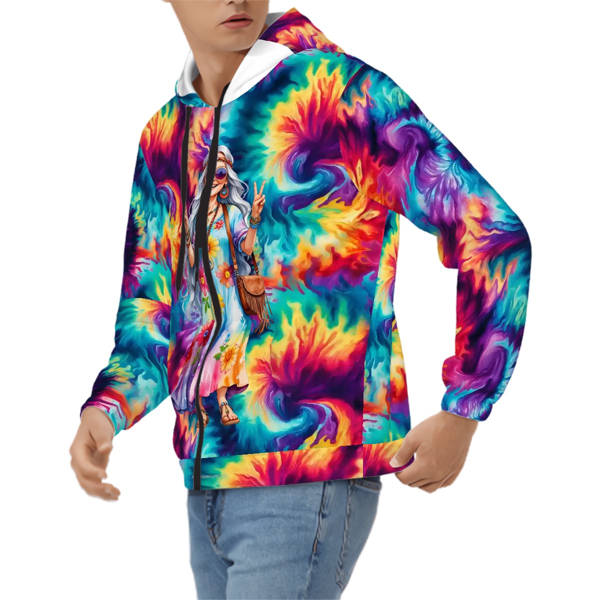 Hippie Lady on Tie Dye, Adult Zip Up Hoodie