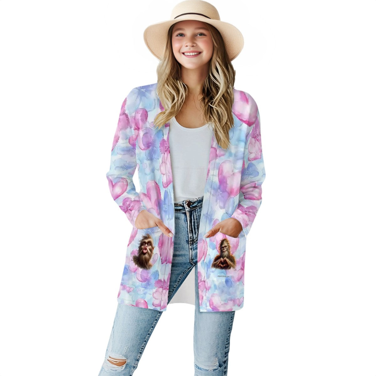 Bigfoot Sasquatch Love on Hearts, Women's Long-Sleeved Cardigan