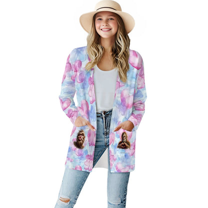 Bigfoot Sasquatch Love on Hearts, Women's Long-Sleeved Cardigan
