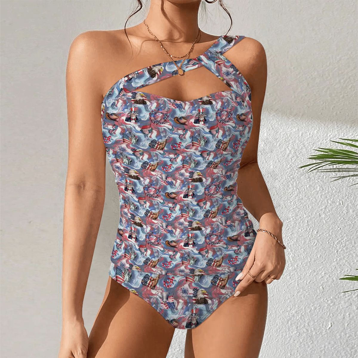 8 Patriotic Designs, Women One Shoulder Tankini, Two Piece, Unicorn, Cats, Dogs, Eagles
