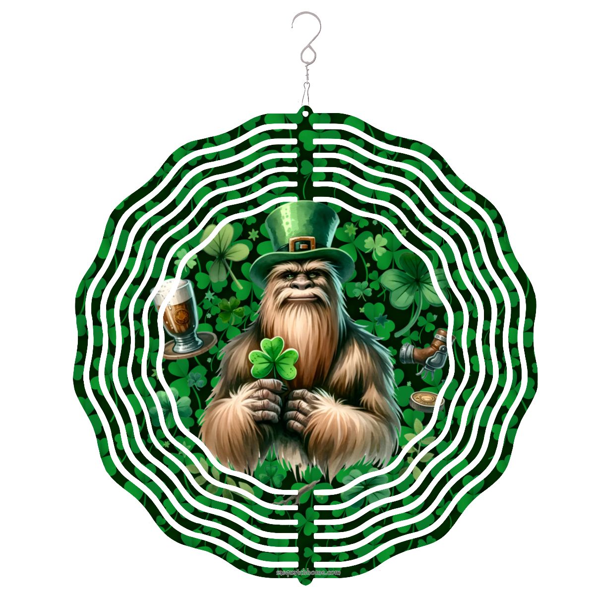 St Patrick Bigfoot, Sasquatch, US Made Hanging Metal 3D Wind Spinner, Ornament