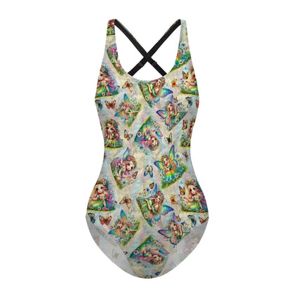 5 Fairy Designs, Cross-Back One Piece Swimsuit
