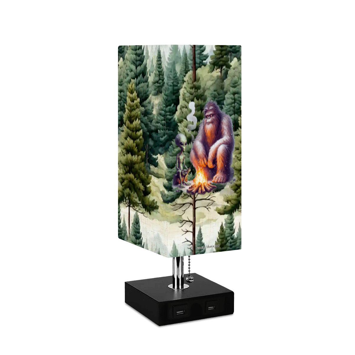Bigfoot / Sasquatch & Alien, Square Table Lamp with USB Ports, Charger