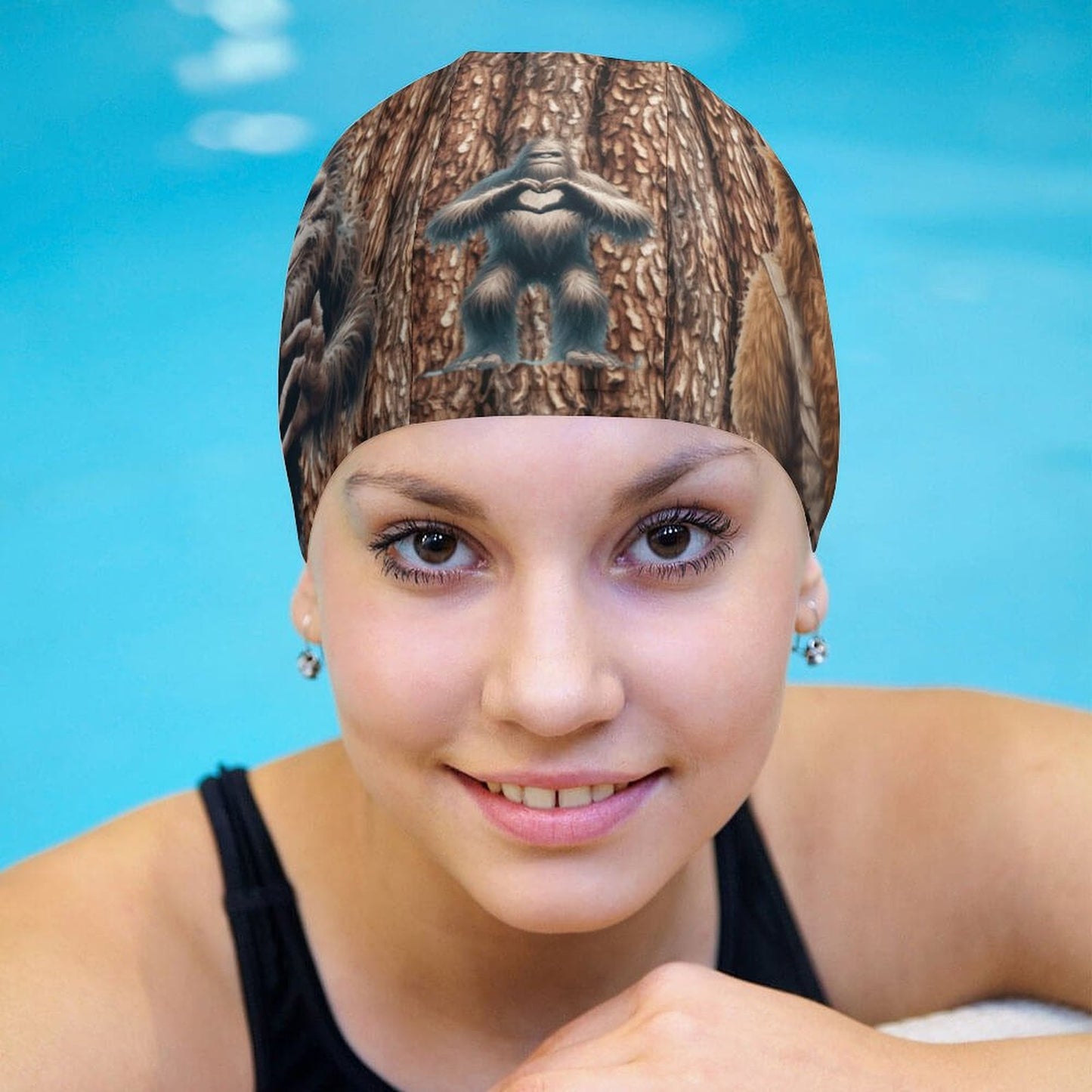 Happy, Bigfoot / Sasquatch, Adult Swimming Cap