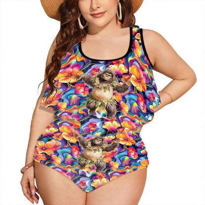 Hawian Bigfoot / Sasquatch, Plus Size Women Bikini Flowy, Ruffle Top Swimsuit
