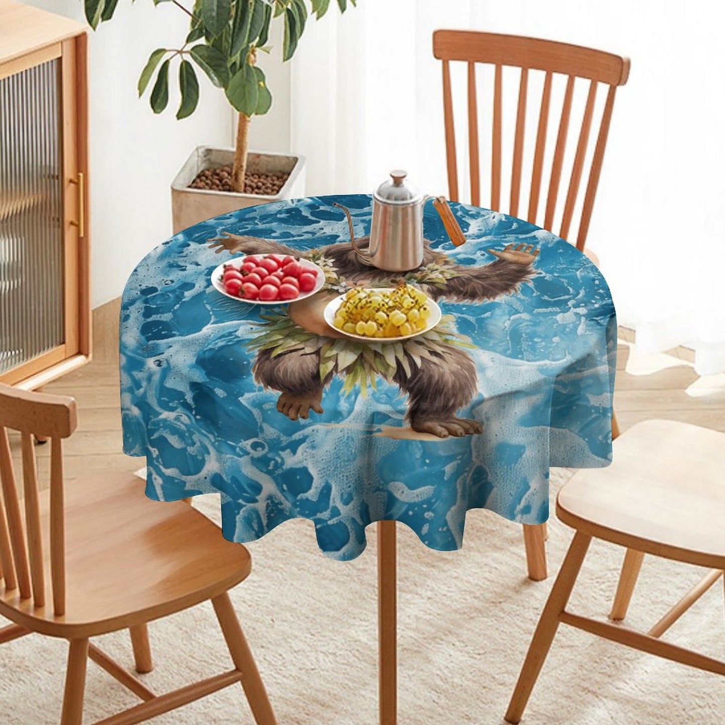 Sasquatch Hula On the Beach Round Tablecloth on Round Table