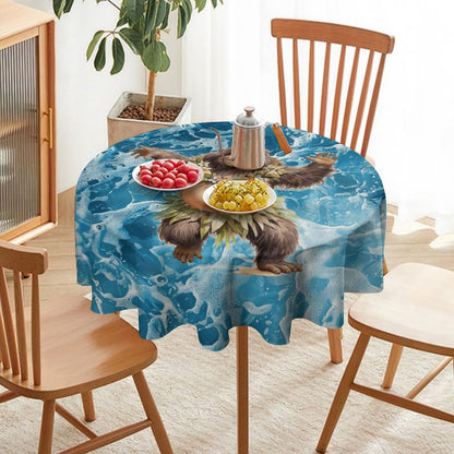 Sasquatch Hula On the Beach Round Tablecloth on Round Table