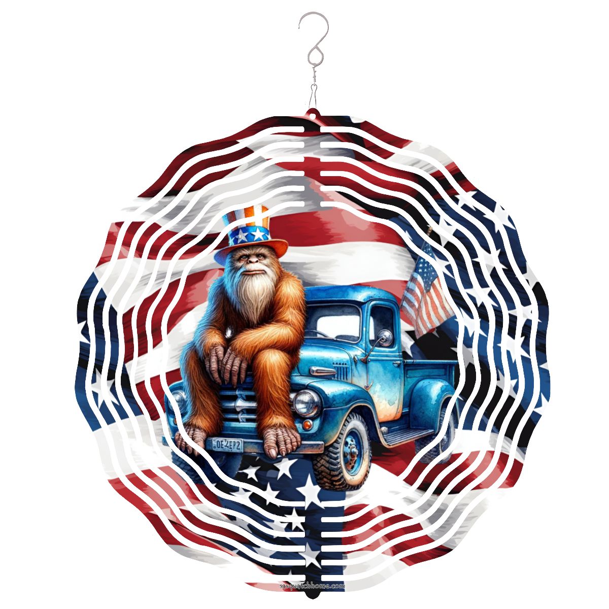 Patriotic Bigfoot, Sasquatch, US Made Hanging Metal 3D Wind Spinner, Ornament