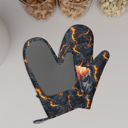 Set of 2 Silicone Heat Resistant Oven Mitts - Dragon on Lava