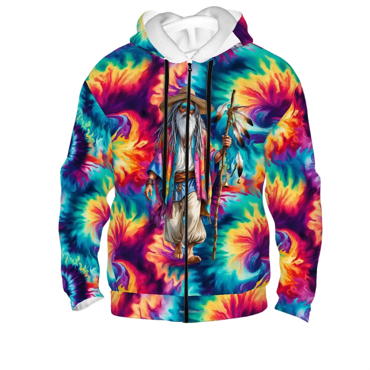 Hippie Man on Tie Dye, Adult Zip Up Hoodie