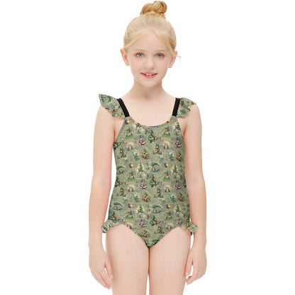 21 Bigfoot Sasquatch Designs, Girls One-Piece Summer Swimsuit, Ruffle Shoulder