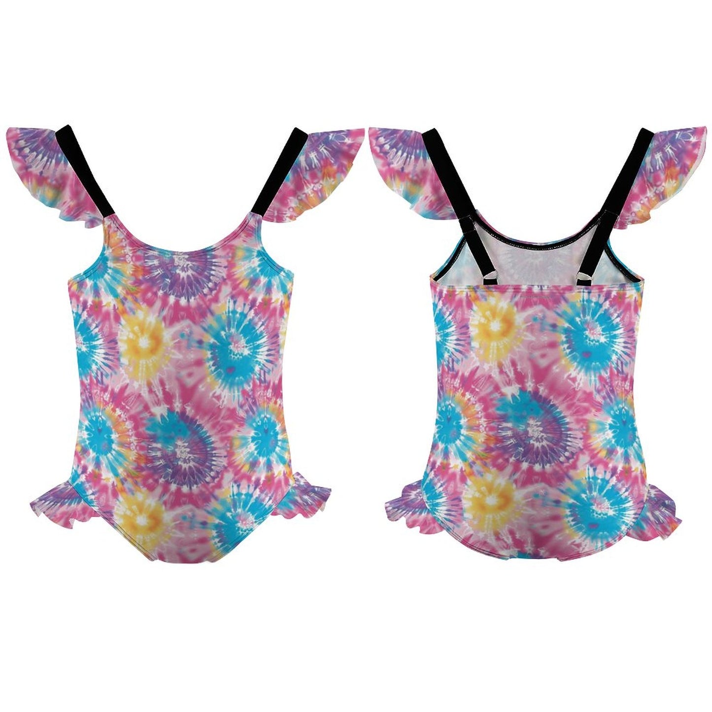 19 Tie Dye Designs, Girls One-Piece Summer Swimsuit, Ruffle Shoulder