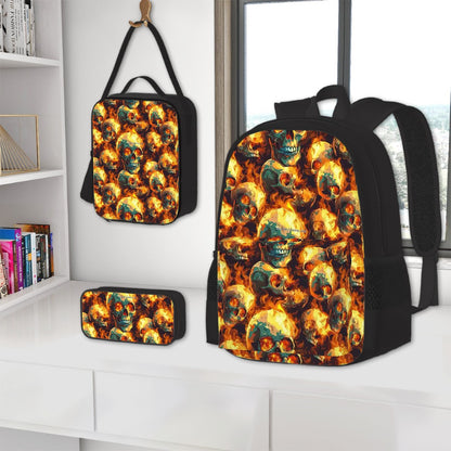 Flaming Skulls, 3 Piece Bag Set – Oxford Backpack, Lunch Bag, Pencil Pouch