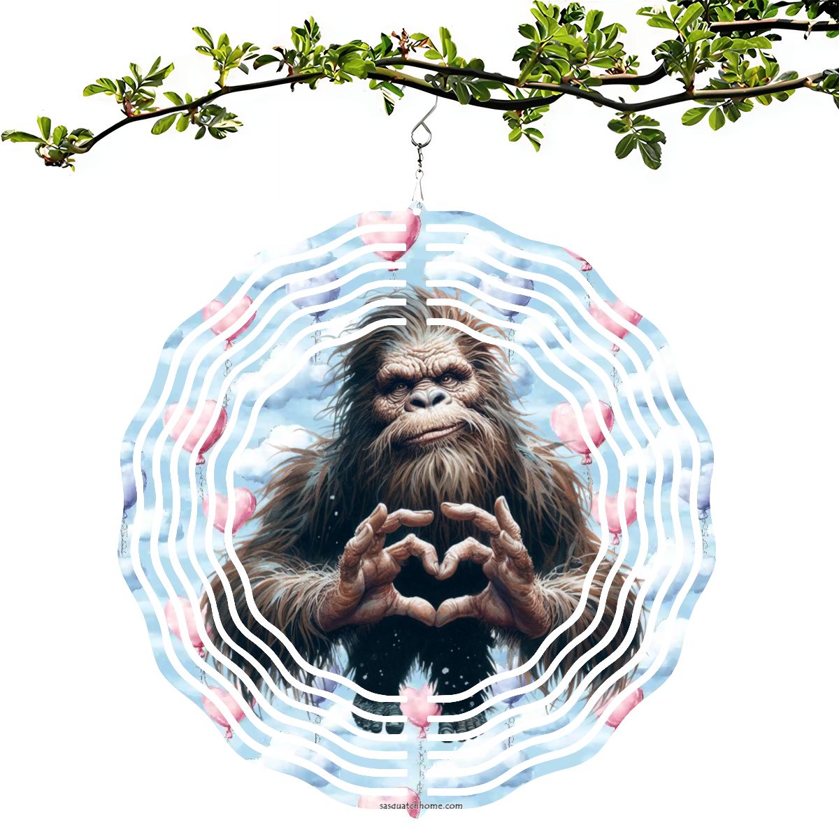 Heart Hand Bigfoot, Sasquatch, US Made Hanging Metal 3D Wind Spinner, Ornament
