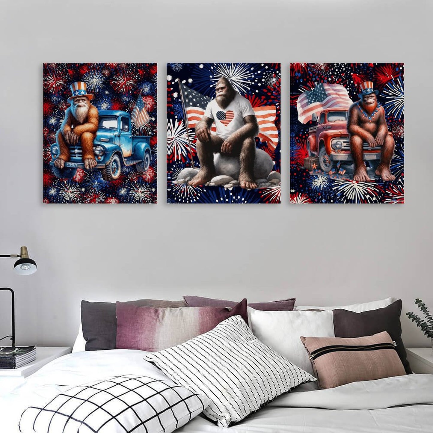 Patriot Bigfoot Sasquatch, Canvas Wall Art -16”x 20” (x3) - Made In USA