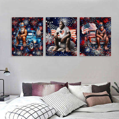Patriot Bigfoot Sasquatch, Canvas Wall Art -16”x 20” (x3) - Made In USA
