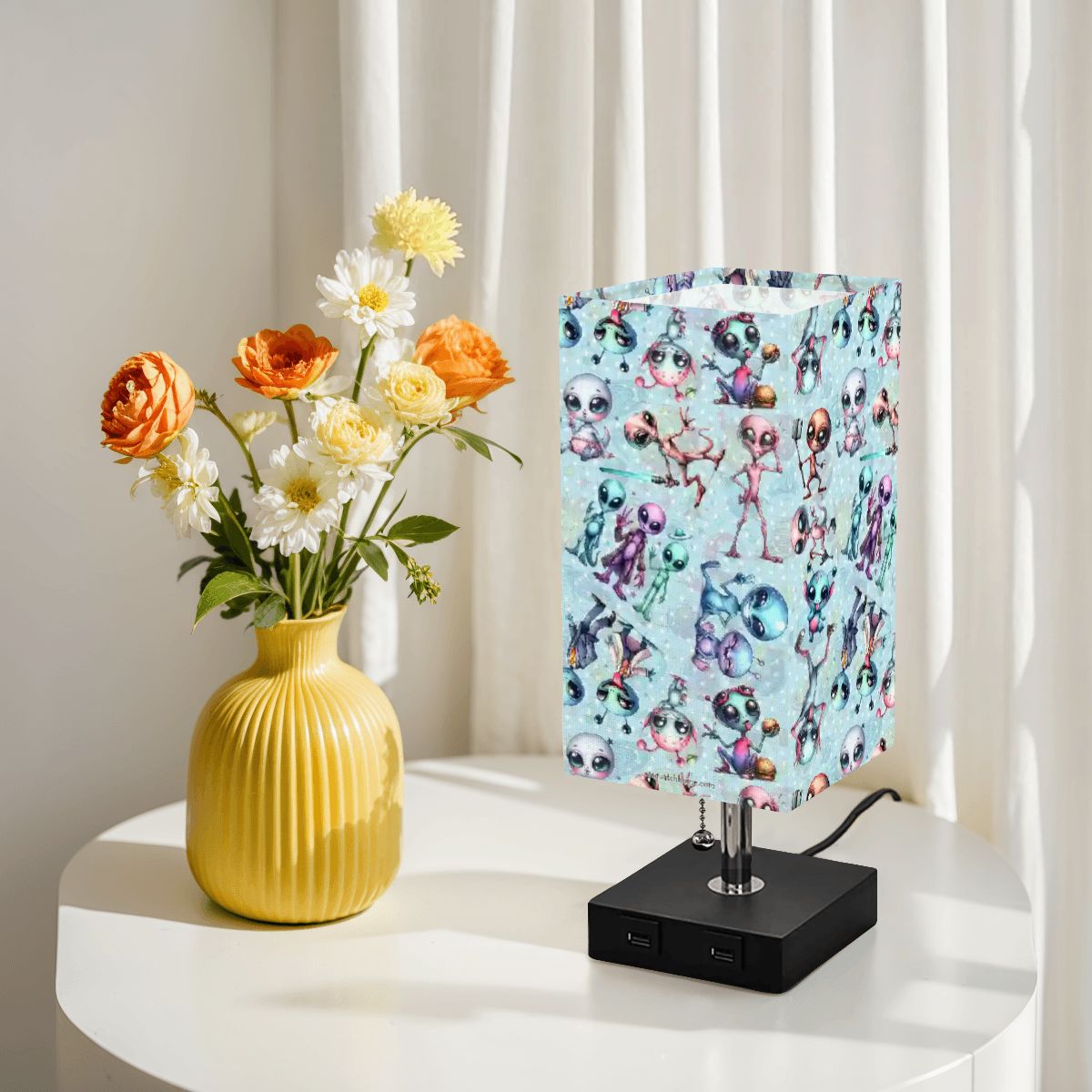 6 Alien Designs, Square Table Lamp with USB Ports, Charger