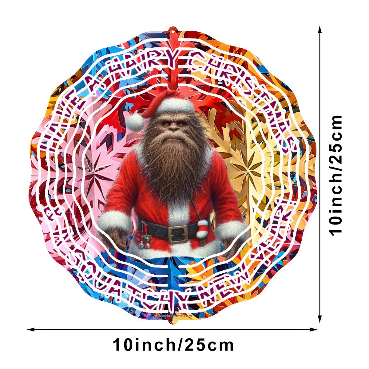 Santa Sasquatch, Bigfoot, US Made Hanging Metal 3D Wind Spinner, Ornament