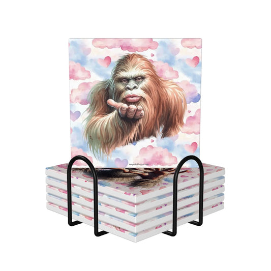 Bigfoot / Sasquatch Love, 6 Ceramic Coasters w metal stand