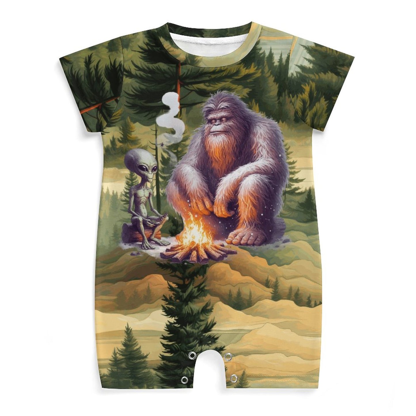 Bigfoot / Sasquatch & Alien, Faux Cotton Short Sleeve Baby Bodysuit Romper