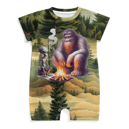 Bigfoot / Sasquatch & Alien, Faux Cotton Short Sleeve Baby Bodysuit Romper