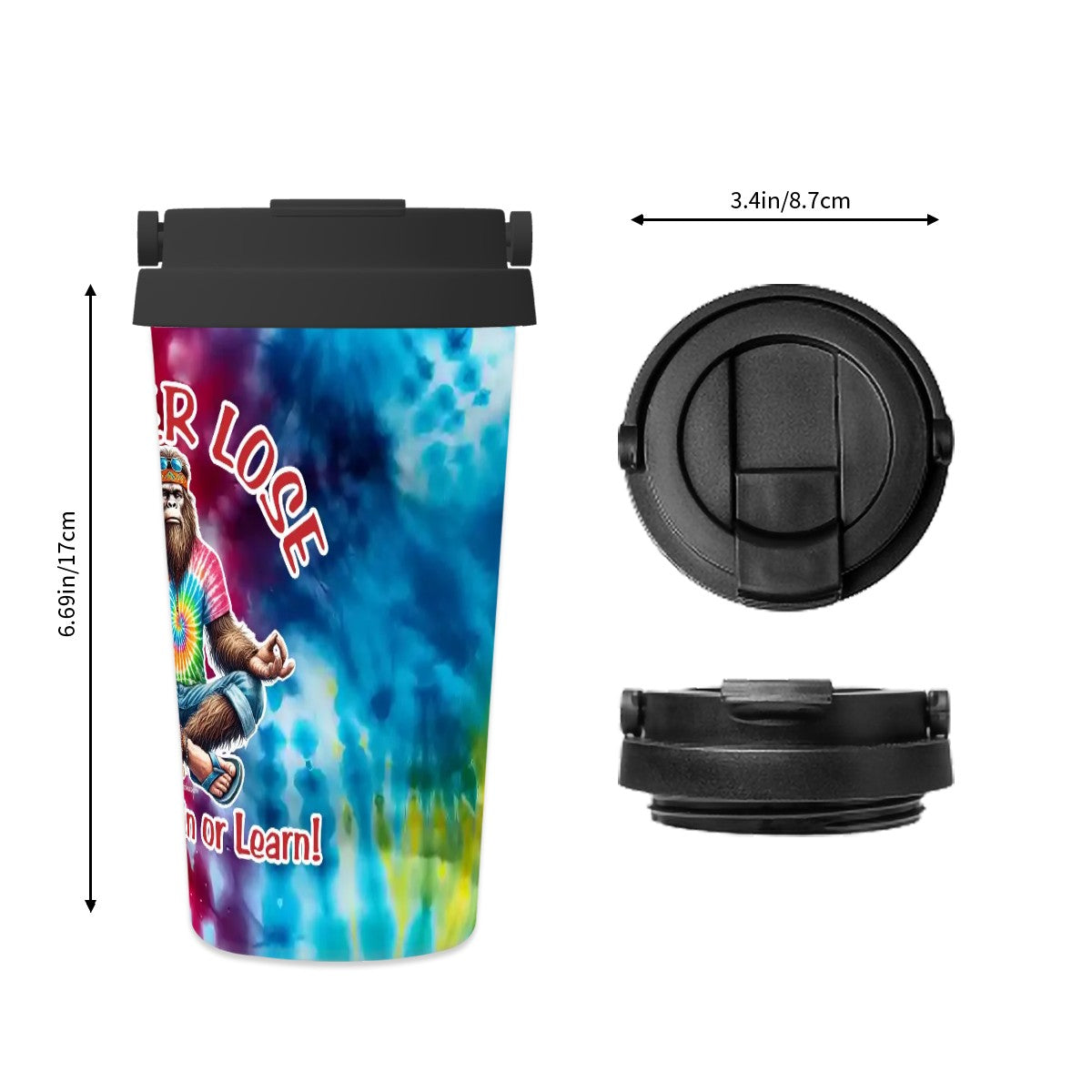 Bigfoot / Sasquatch "I never lose..", 17 oz Insulated Coffee Mug with Lid & Carrying Handle