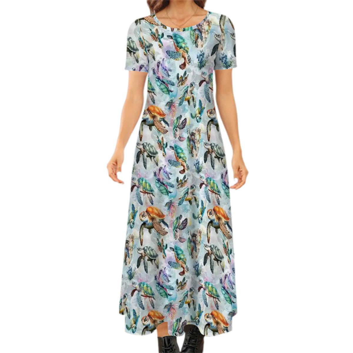 Animal Themed Crew Neck Short Sleeve Maxi Dress