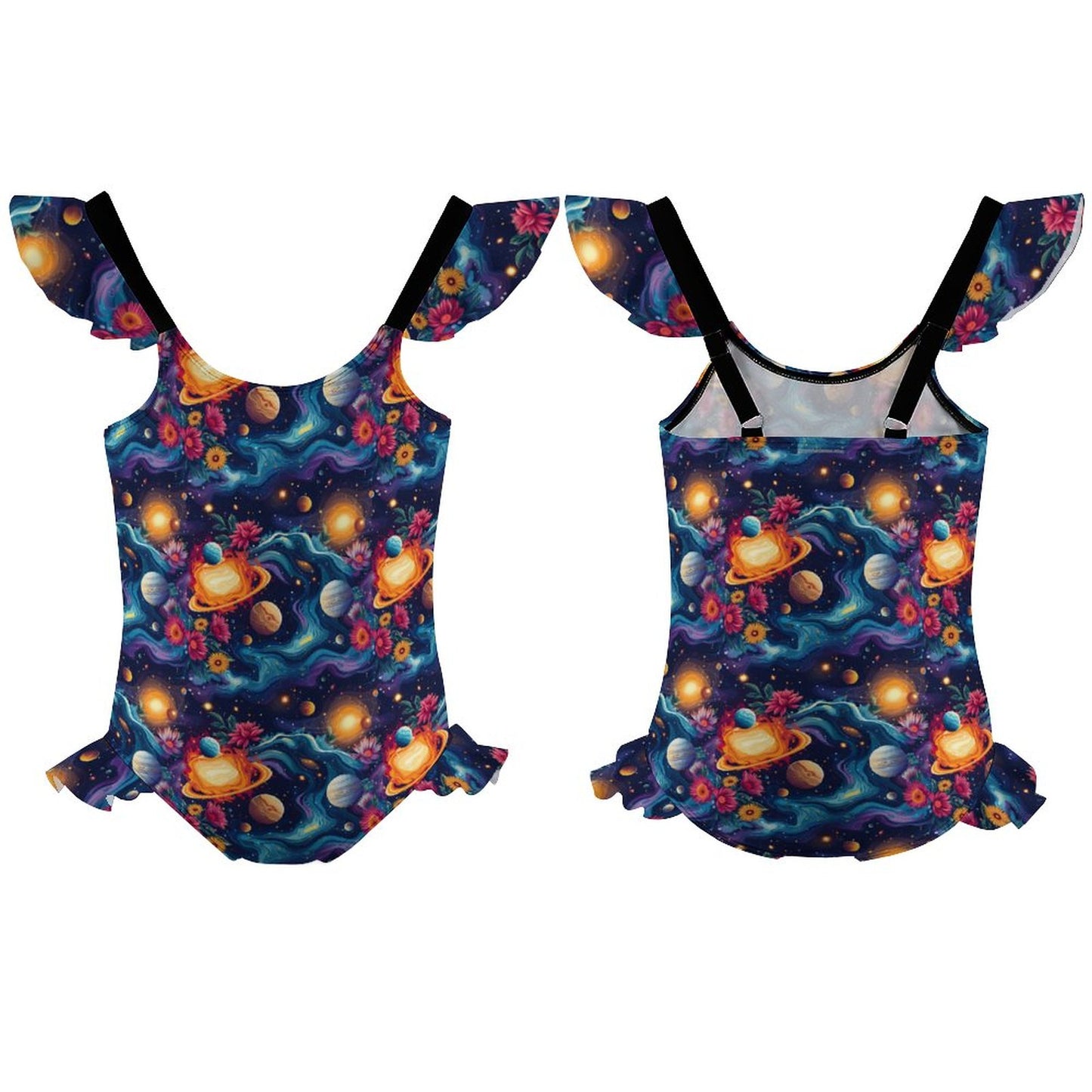 12 Outer Space Designs, Girls One-Piece Summer Swimsuit, Ruffle Shoulder