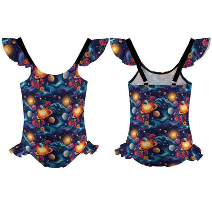 12 Outer Space Designs, Girls One-Piece Summer Swimsuit, Ruffle Shoulder