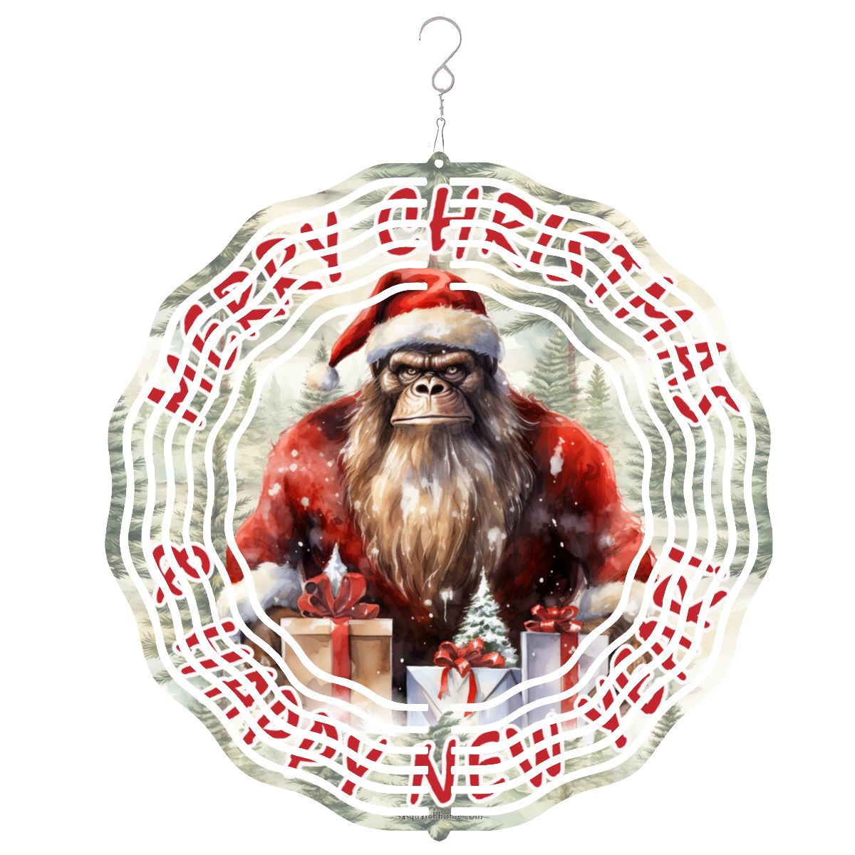Sasquatch Bigfoot Santa, US Made Hanging Metal 3D Wind Spinner, Ornament