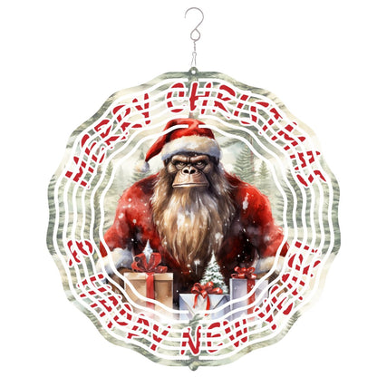 Sasquatch Bigfoot Santa, US Made Hanging Metal 3D Wind Spinner, Ornament