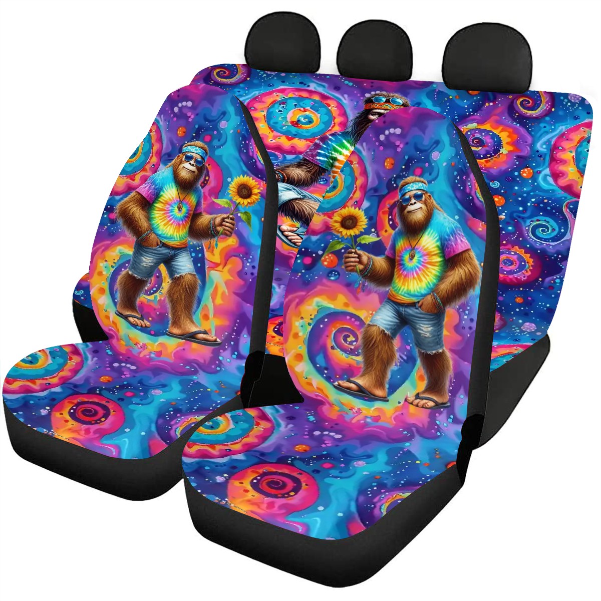 Hippie Sasquatch / Bigfoot, Car Seat Covers, Full 7 Piece Set