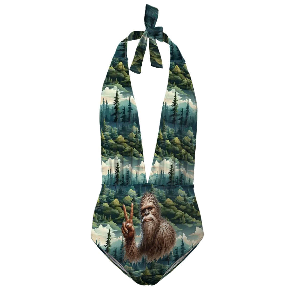 Bigfoot Peace, Sasquatch, Women’s Deep V One Piece Swimsuit